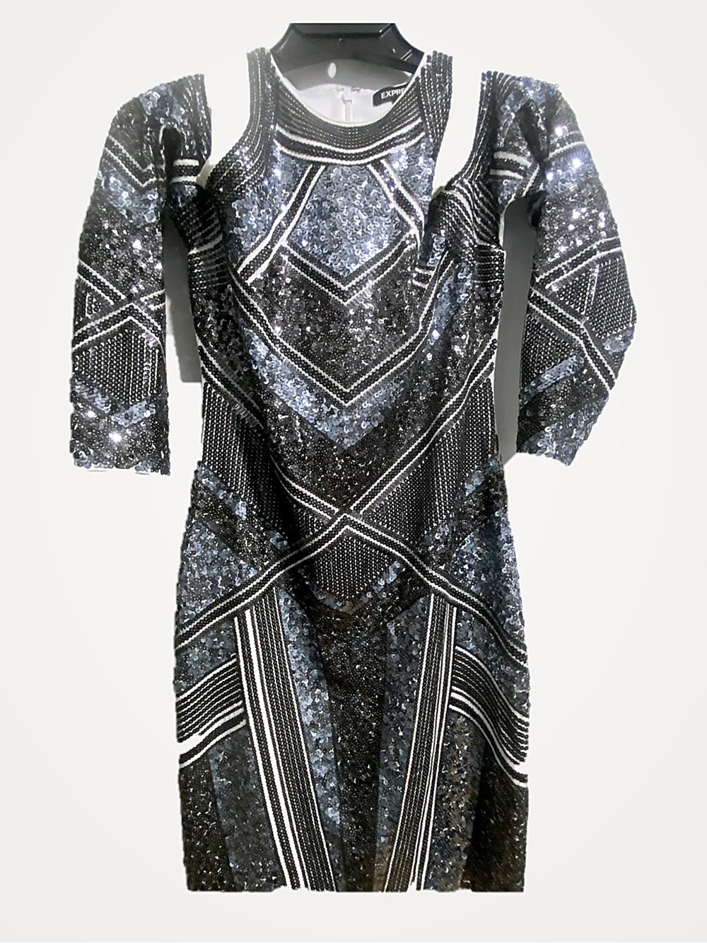Express Black & Silver Sequin Long Sleeve Sheath Dress
